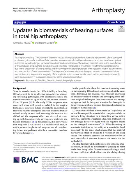 Updates in biomaterials of bearing surfaces in total hip .
